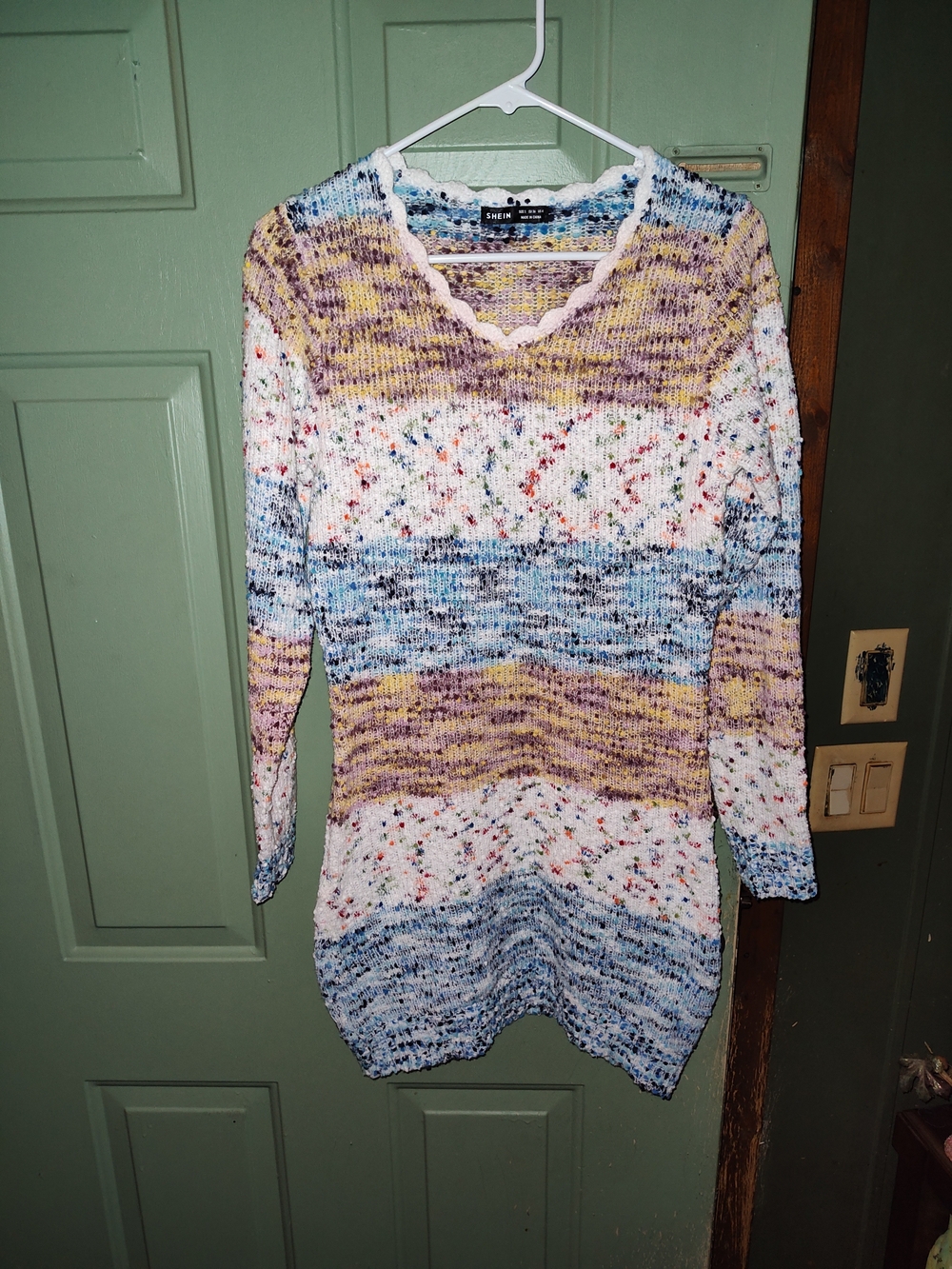 Multicolor Speckled Space Dye Long Sleeve V-Neck Striped Knit Sweater Dress